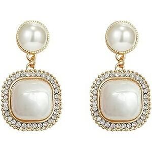 Pearl Clip On Earrings for Women Gold Plated Square Drop Dangle Wedding Jewelry